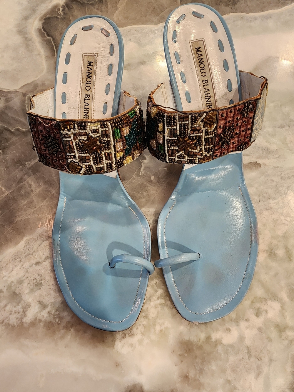 Manolo Blahnik Blue Beaded Strap Toe-Loop Sandals